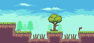 像素艺术街机游戏场景8比特与树木，荆棘，云，石头和旗帜banner