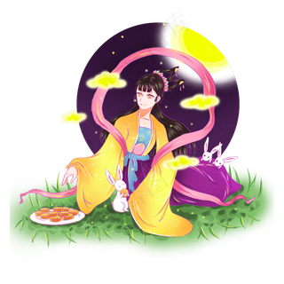 中秋节嫦娥玉兔吃月饼手绘中国风