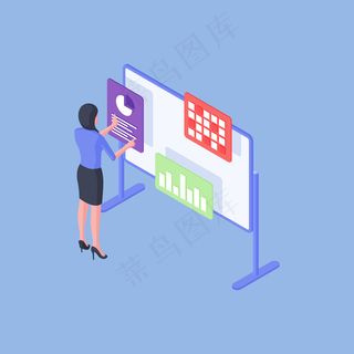 现代聪明女人在亮蓝色背景下工作时检查和分析白板上商业数据的等距矢量图