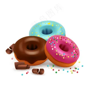 白色背景上有彩色糖果和巧克力的釉面甜甜圈 白色背景上有彩色糖果和巧克力的釉面甜甜圈