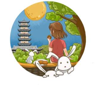 中秋卡通吃月饼女孩可商用元素