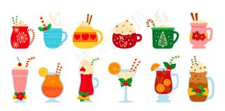 圣诞热饮套装。不同的饮料。新年饮料。可爱的杯子热可可，咖啡，牛奶，奶油和葡萄酒