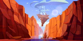 峡谷中飞过河流的岩石上的神奇蓝色城堡