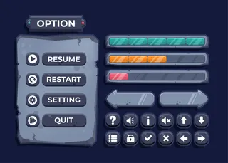 设计一套完整的水平按钮游戏弹出窗口，图标，窗口和元素创造中世纪的rpg视频游戏