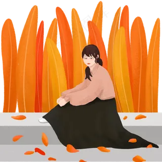 手绘做在秋天落叶中的长裙女生插