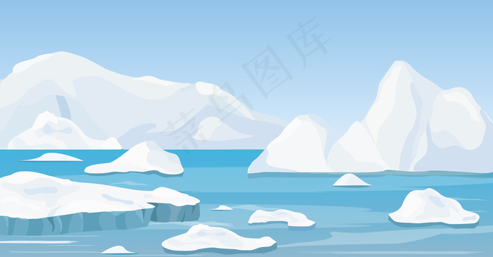 卡通大自然的插图冬季北极景观与冰山，蓝色纯净的水和雪山，山脉。