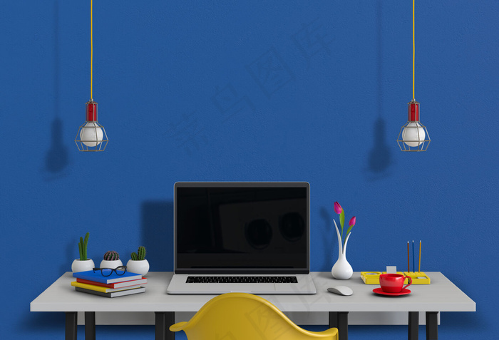 带笔记本电脑的室内现代客厅工作空间