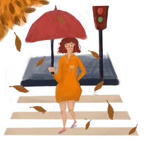 秋天美女马路红绿灯过斑马线遮阳