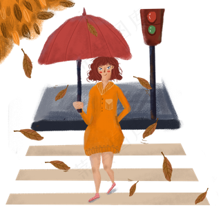 秋天美女马路红绿灯过斑马线遮阳