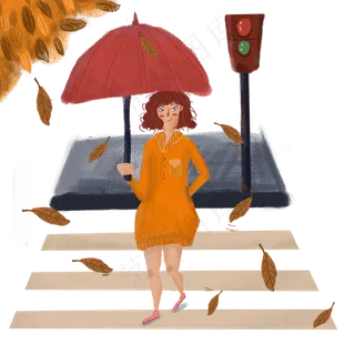 秋天美女马路红绿灯过斑马线遮阳