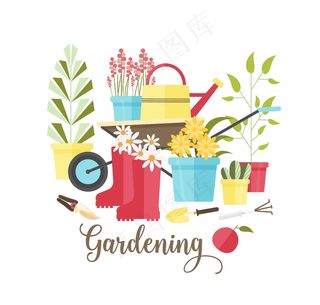 白色背景上隔离的用于生态园艺、农业工作、有机植物种植的工具和设备的装饰成分。