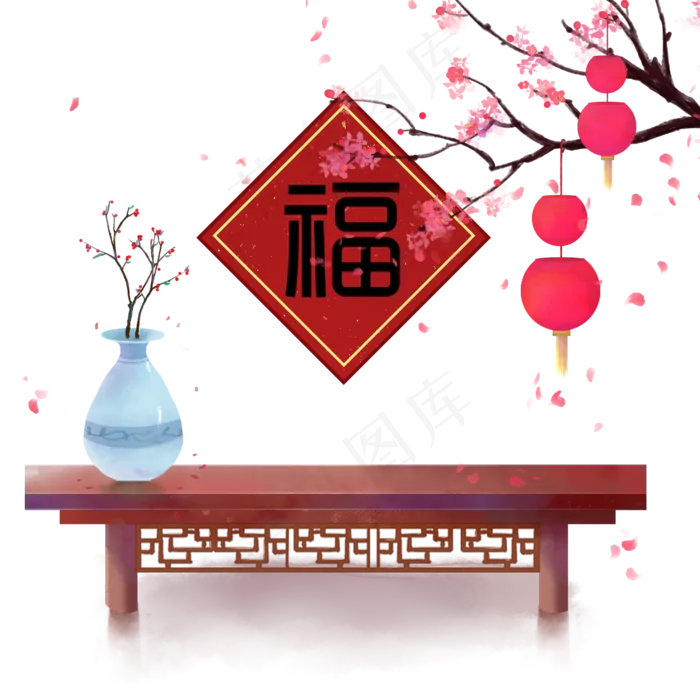 中国风古风新春佳节桌子花瓶树枝(2000X2000(DPI:72))psd模版下载