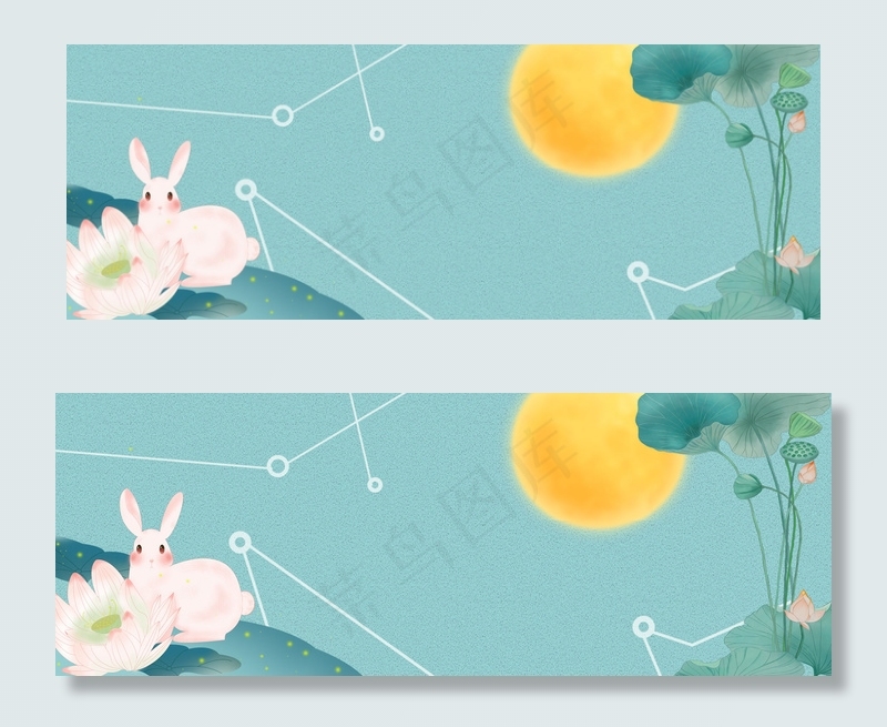 清新手绘中秋女装促销荷花兔子背景