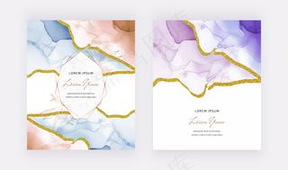 蓝色和紫色酒精墨水，带闪光设计边框和几何大理石框架。抽象的手绘背景。