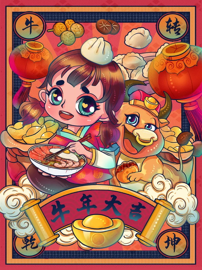 牛年插画 牛年海报 新春海报