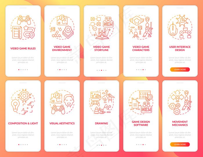 视频游戏设计-带概念集的车载手机app移动应用程序app页面屏幕。视频游戏开发演练10个步骤。带有rgb颜色的ui模板eps,ai矢量模版下载