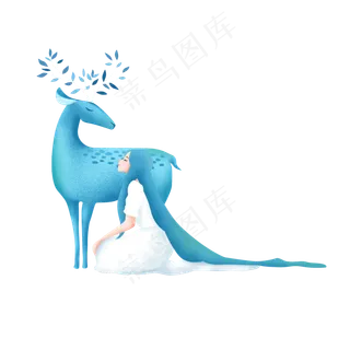 蓝色梅花大鹿和蓝发女孩卡通元素 蓝色梅花大鹿和蓝发女孩卡通元素