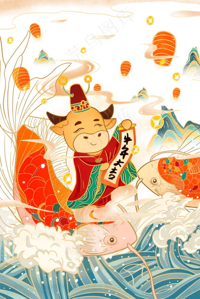 2021年国潮风牛年大吉(3545X5315(DPI:300))psd模版下载