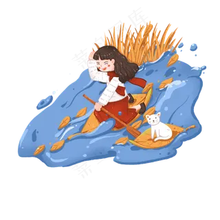 深秋在落叶上随水漂流的小女孩