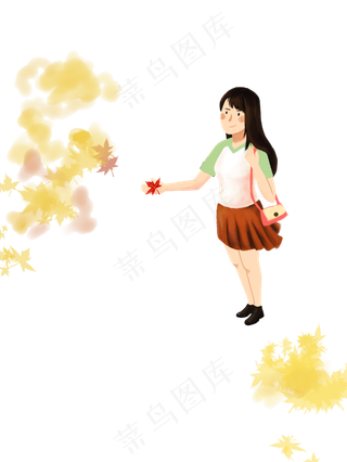 手绘秋天手拿枫叶女生