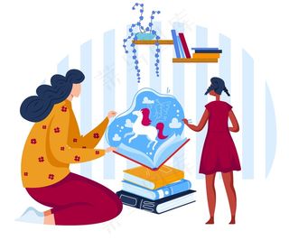 阅读童话书平面矢量插图。卡通妈妈讲故事，用魔法独角兽给孩子女儿读童话故事，孩子做梦