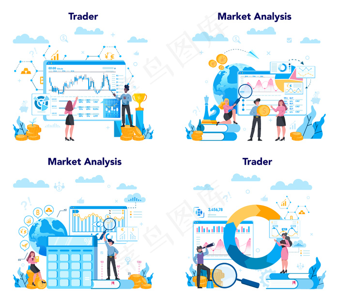 交易员，金融投资概念集。买入、卖出或损失利润，交易者策略。货币增长与金融增长。
