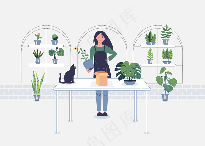 花店现代矢量卡通女性人物白色插画eps,ai矢量模版下载