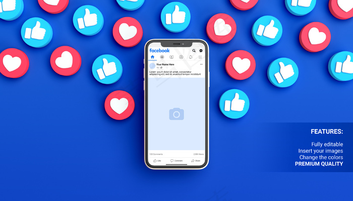 Facebook发布了一个手机模型样机，背景为蓝色，周围有类似的通知psd模版下载