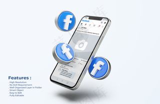 带有3d图标的手机模型样机上的Facebook