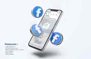 带有3d图标的手机模型样机上的Facebook