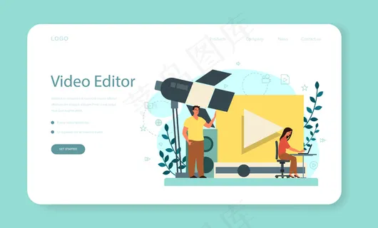 运动或视频设计师网页横幅banner或登录页。艺术家为多媒体项目制作计算机动画。动画编辑，动画制作。