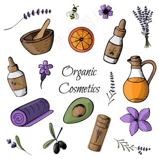涂鸦与彩色有机产品和化妆品手绘。