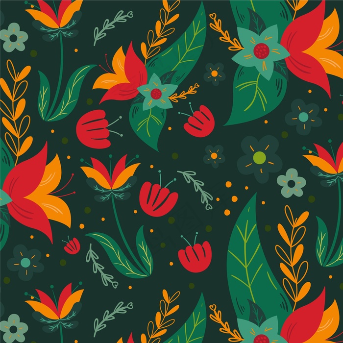 五彩缤纷的手绘异国花叶图案