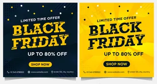 黑色星期五活动横幅banner、社交媒体帖子和模板，黄色和黑色，带有点和星星装饰