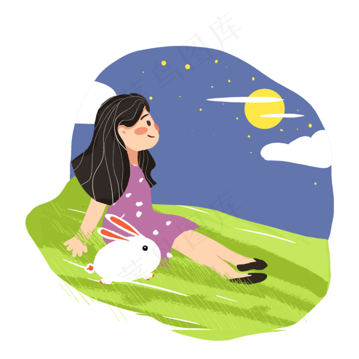中秋节女孩和兔子赏月PNG