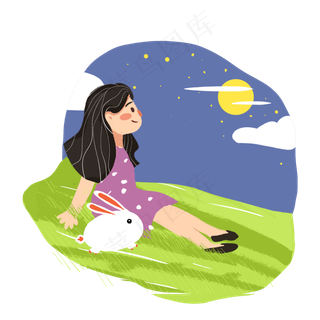 中秋节女孩和兔子赏月PNG