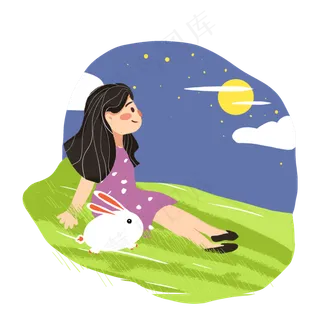 中秋节女孩和兔子赏月PNG