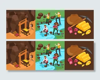 等距黄金开采，具有方形矿山组成和淘金工人的金条