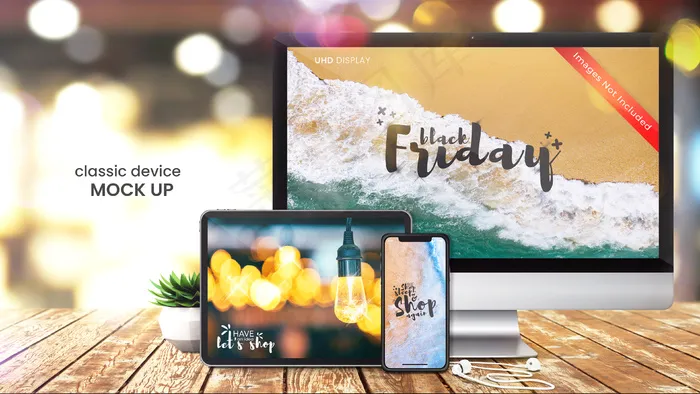 电脑屏幕、智能手机和数字平板电脑在明亮的工作台上的完美像素模型样机psd模版下载