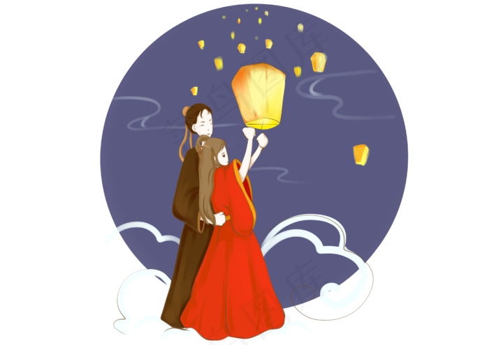 七夕节牛郎织女放孔明灯素材