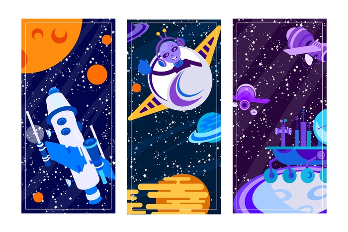 星系行星附近的太空探索、恒星、图形横幅banner集、矢量图。火箭在宇宙天空海报设计中飞翔，外星人使用未来科技。太空中的卫星，宣传单,DM传单。