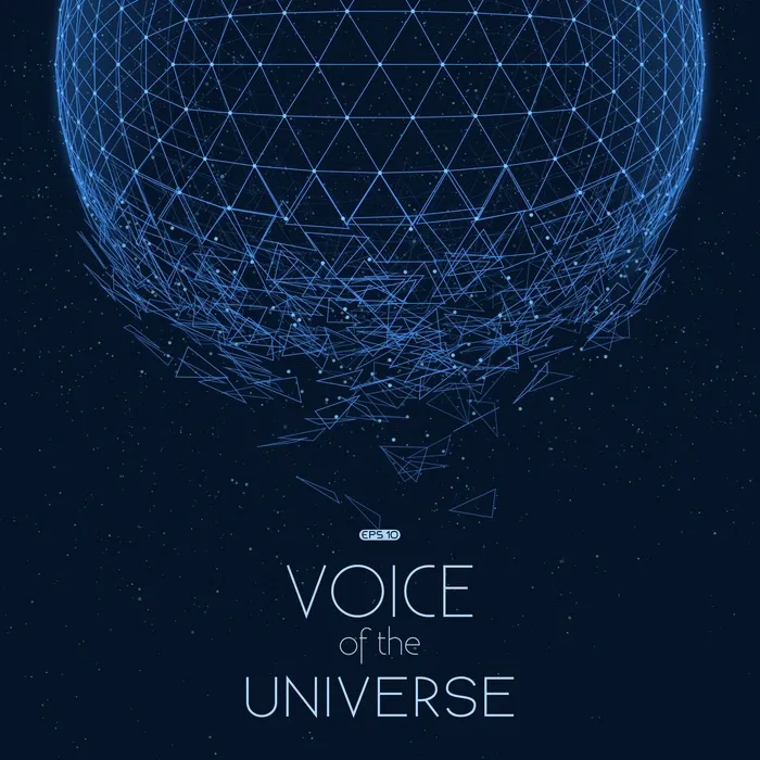 破碎的蓝色空间球体。抽象的带有微小恒星的矢量背景。