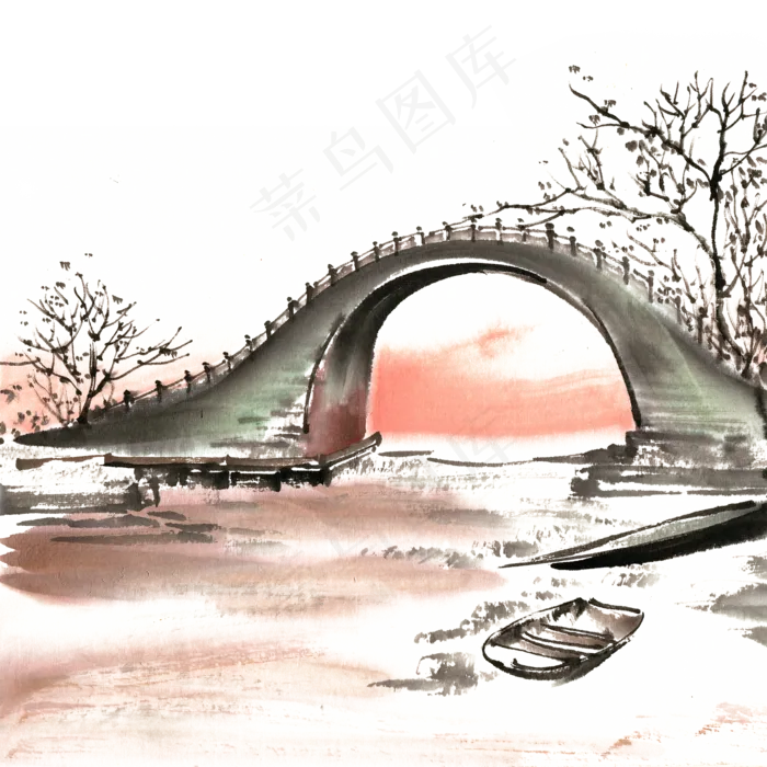 中国风夕阳下的桥,免抠元素(2200*2200px 300 dpi )psd模版下载
