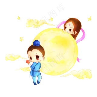 七夕主题卡通人物牛郎织女插图