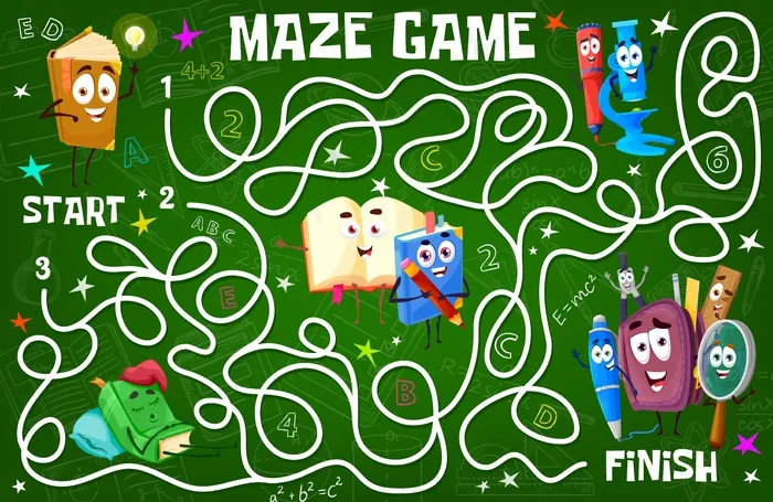 儿童迷宫迷宫与教科书、科学公式和教育文具字符。儿童游戏活动与寻路任务、卡通矢量儿童迷宫迷宫游戏、谜语或测验eps,ai矢量模版下载