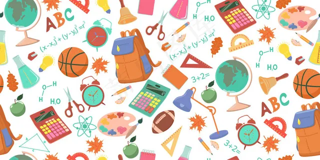 与学校物品的无缝图案。绘图。 与学校物品的无缝图案。绘图。