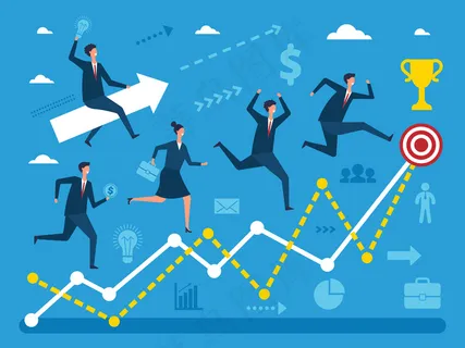 商业概念的各种人向大目标运行的插图。性能步骤的可视化。