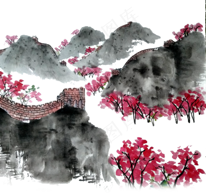 中国万里长城桃花梅花水墨