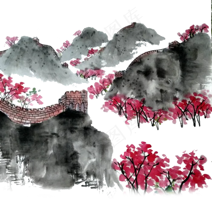 中国万里长城桃花梅花水墨(3000X2815(DPI:300))psd模版下载