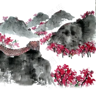中国万里长城桃花梅花水墨